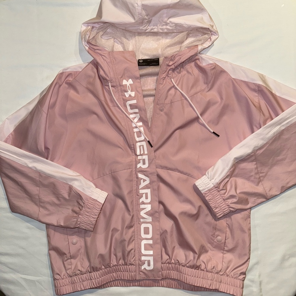 Under Armour UA RUSH Woven Full-Zip Jacket hooded pink and white